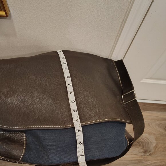 Lambertson Truex crossbody briefcase bag navy blue canvas or cotton and brown le - Picture 7 of 12